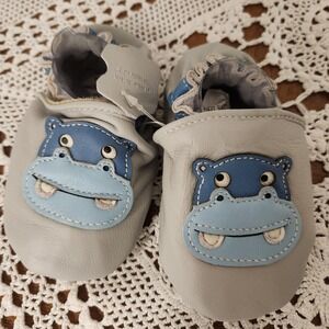 Tickle Toes Hippo Leather Infant Shoes Grey Blue Moccasins 12-18M